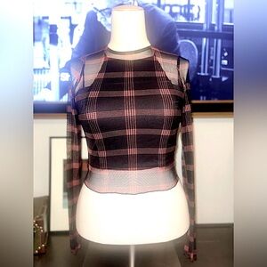 Dolls Kill Combo - Black & Red Plaid Mesh Blouse // Black Crop Top